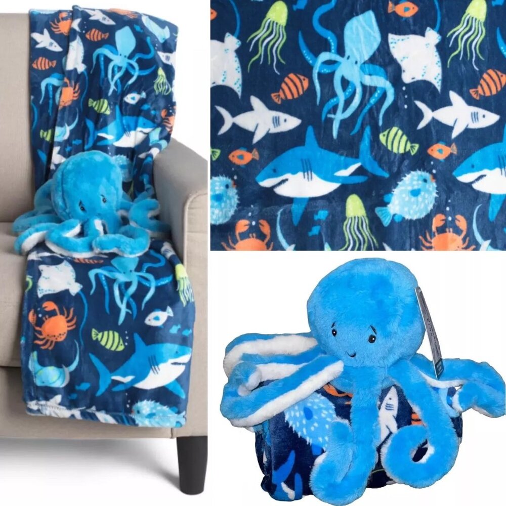 Tommy Bahama Blue Octopus Plush Stuffed Animal Throw Blanket Set Ocean Kids